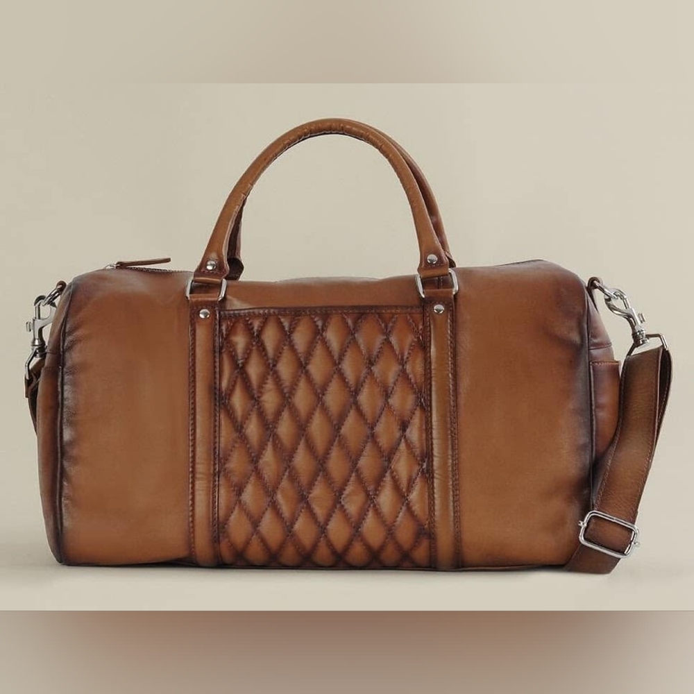 New Wilsons Leather New Orleans Duffel Tan Weekender Diamond Quilted Pattern